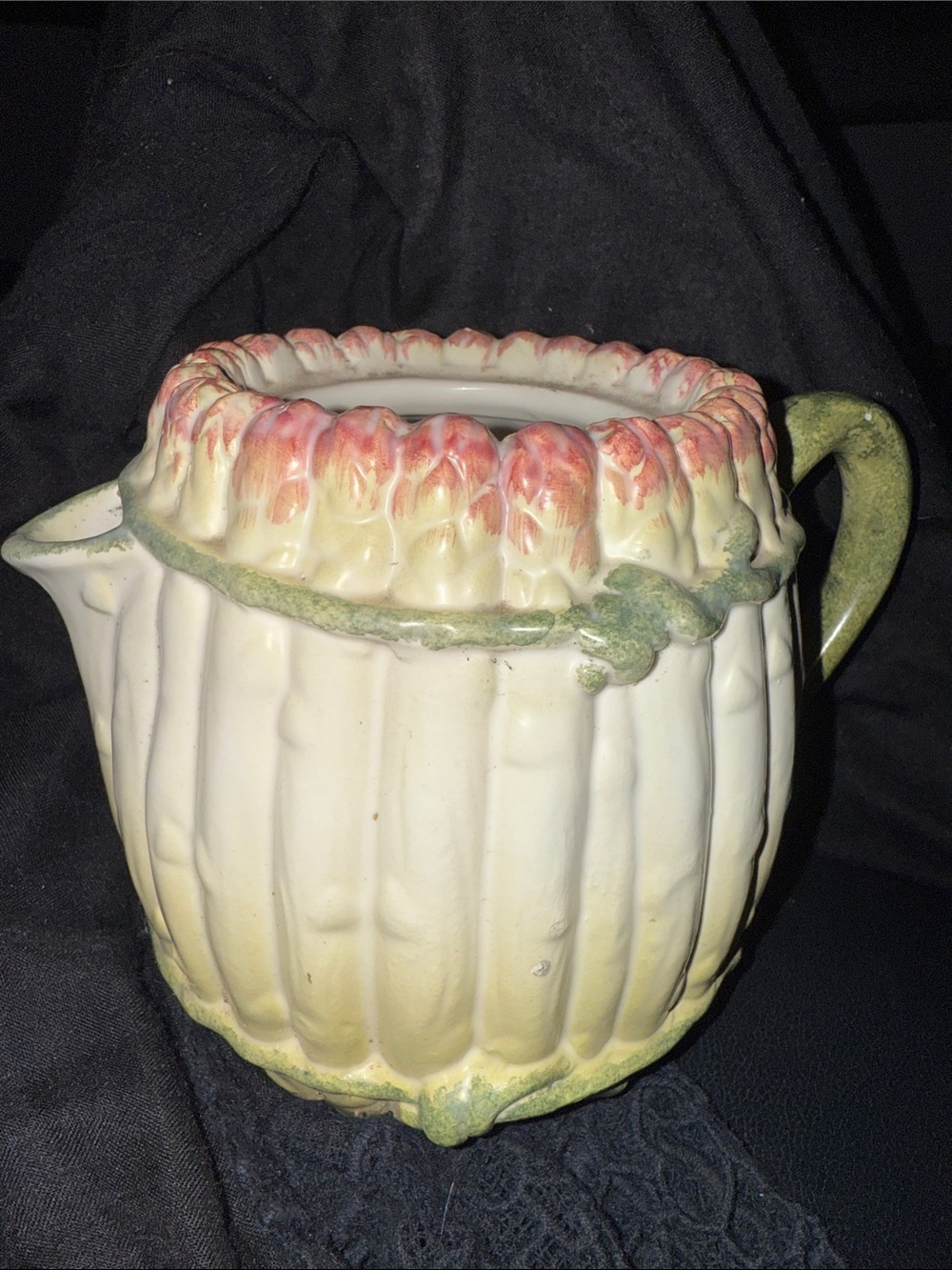 Seymour Mann Ceramic Asparagus Pitcher with Pink Floral Rim and Green Handle
